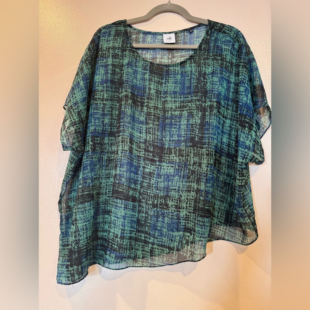 CABI Abstract Plaid Green, Black and Blue Short Sleeve Sheer Blouse Size Large